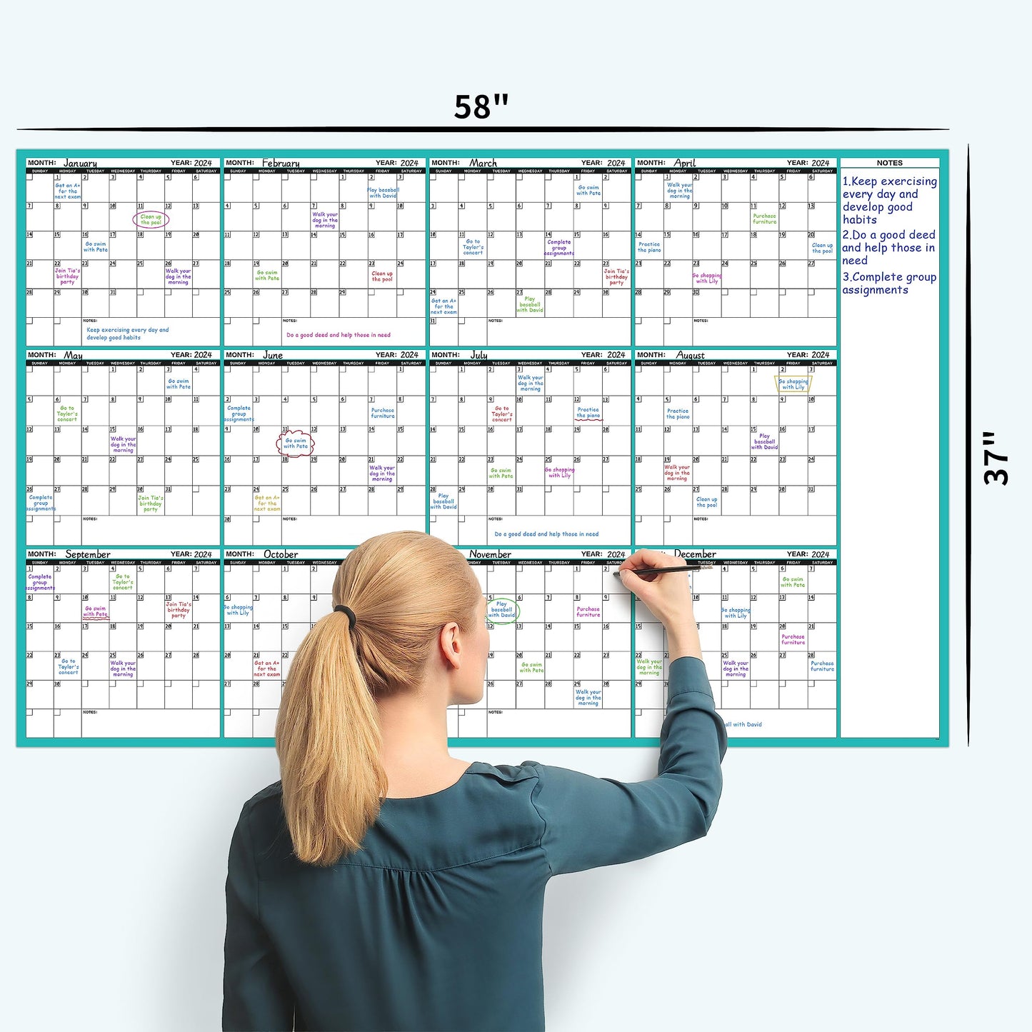 Large Dry Erase Calendar for Wall - Undated 12 Month Wall Calendar, 37”×58", Yearly Wall Calendar Dry Erase, Erasable & Reusable Calendar with 15 Round Stickers, Green Large Wall Calendar Dry Erase