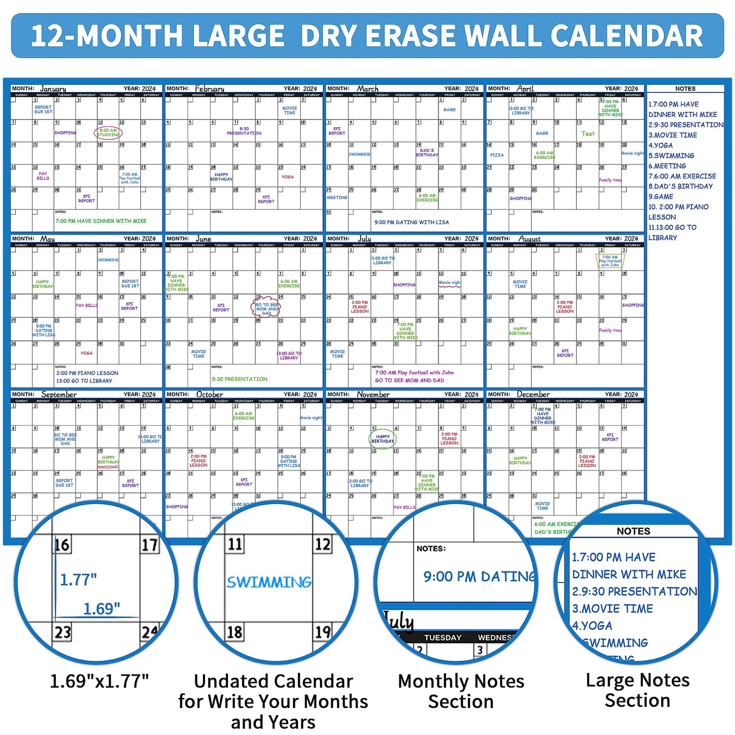 Large Dry Erase Calendar for Wall - Undated 12 Month Wall Calendar, 37”×58", Yearly Wall Calendar Dry Erase, Erasable & Reusable Calendar with 15 Round Stickers, Green Large Wall Calendar Dry Erase