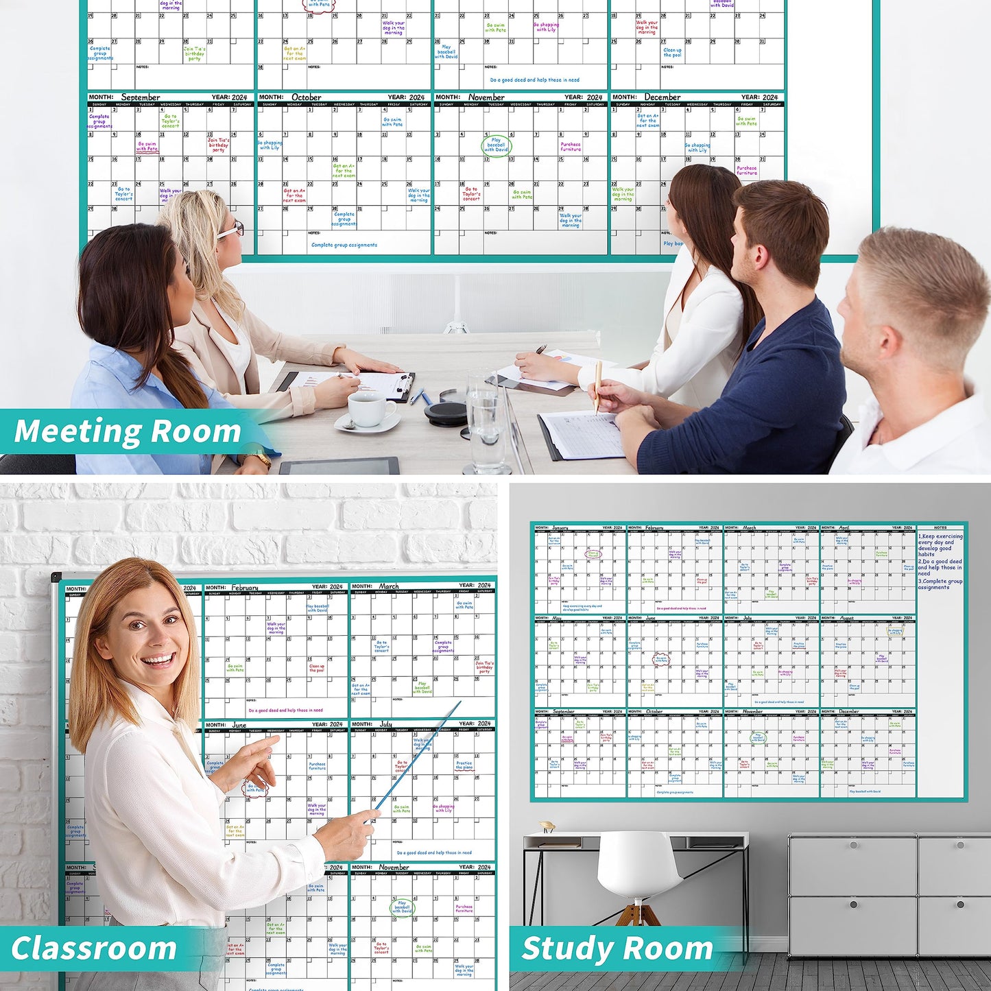 Large Dry Erase Calendar for Wall - Undated 12 Month Wall Calendar, 37”×58", Yearly Wall Calendar Dry Erase, Erasable & Reusable Calendar with 15 Round Stickers, Green Large Wall Calendar Dry Erase
