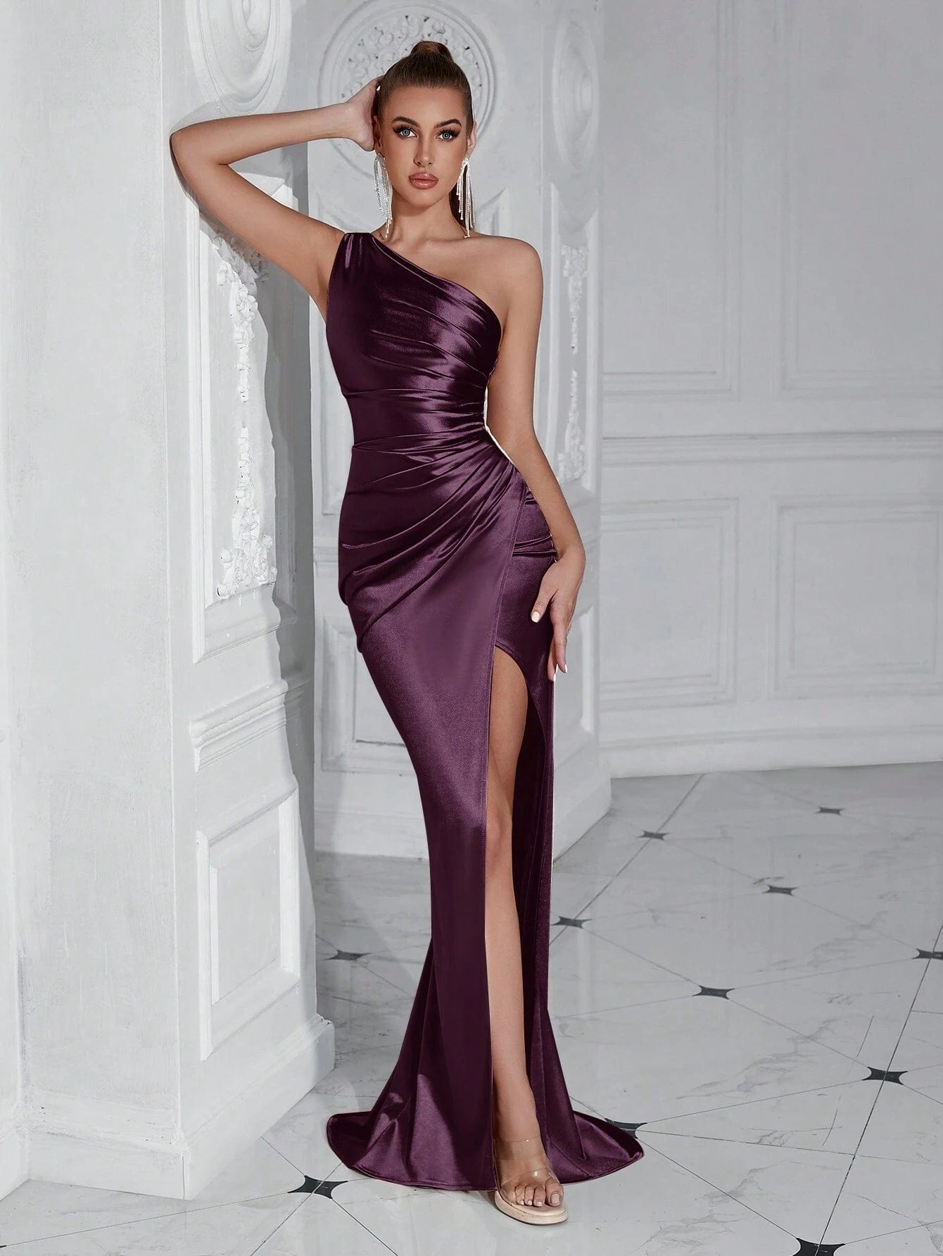 ADYCE One Shoulder Ruffle & High Slit Party Prom Dress - Xpressa