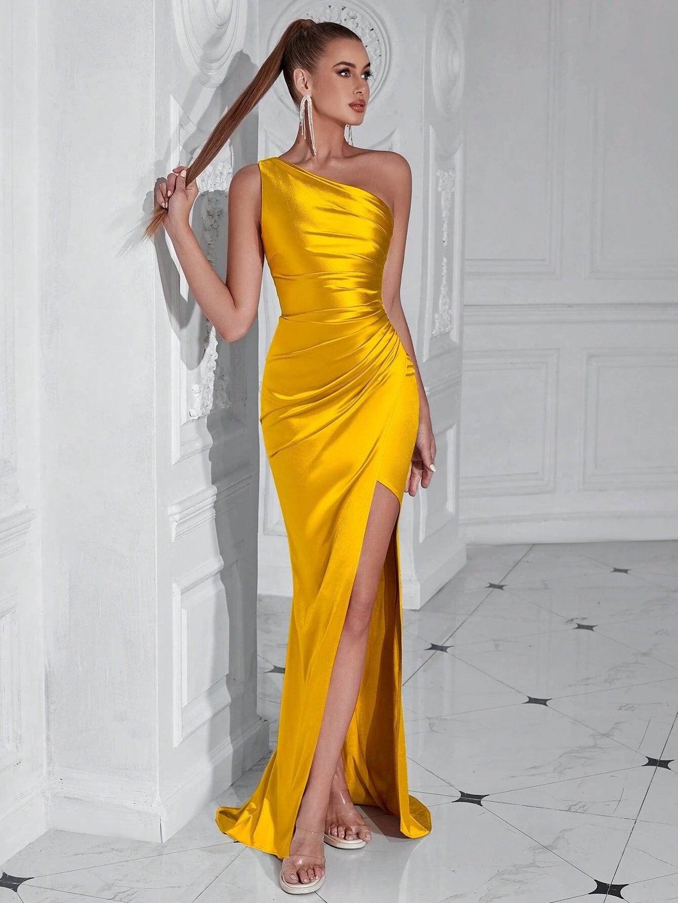 ADYCE One Shoulder Ruffle & High Slit Party Prom Dress - Xpressa