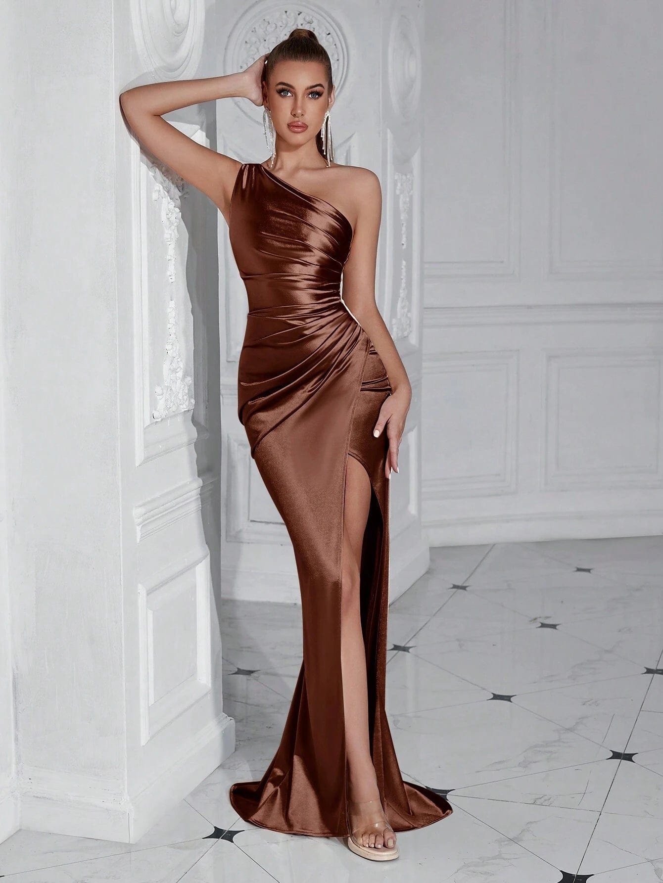 ADYCE One Shoulder Ruffle & High Slit Party Prom Dress - Xpressa