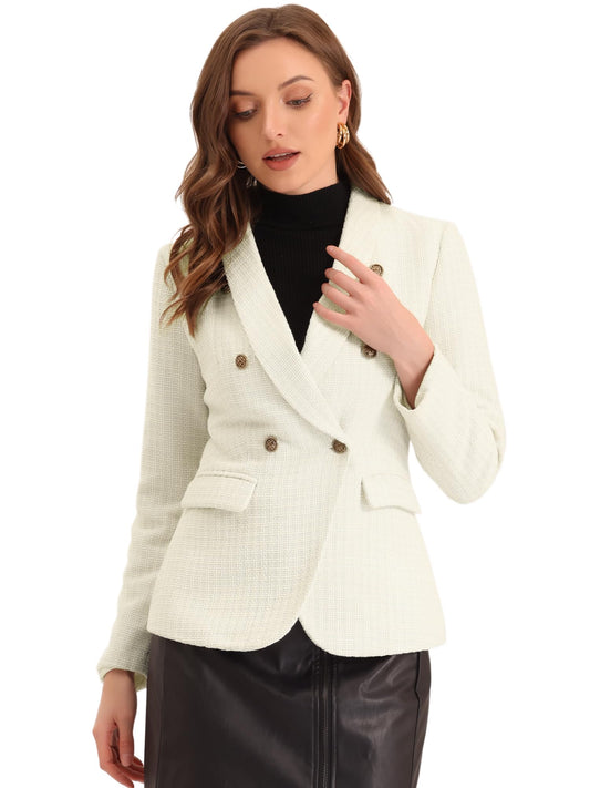 Allegra K Tweed Blazer for Women's Notch Lapels Double Breasted Plaid Jacket Work Office Blazer - Xpressa
