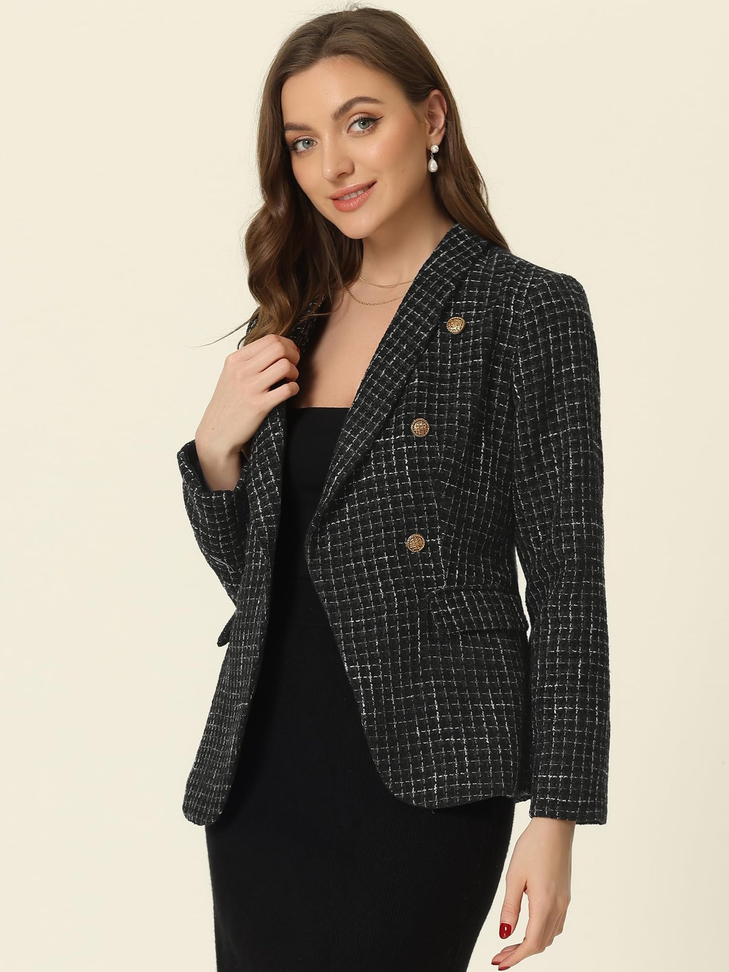 Allegra K Tweed Blazer for Women's Notch Lapels Double Breasted Plaid Jacket Work Office Blazer - Xpressa