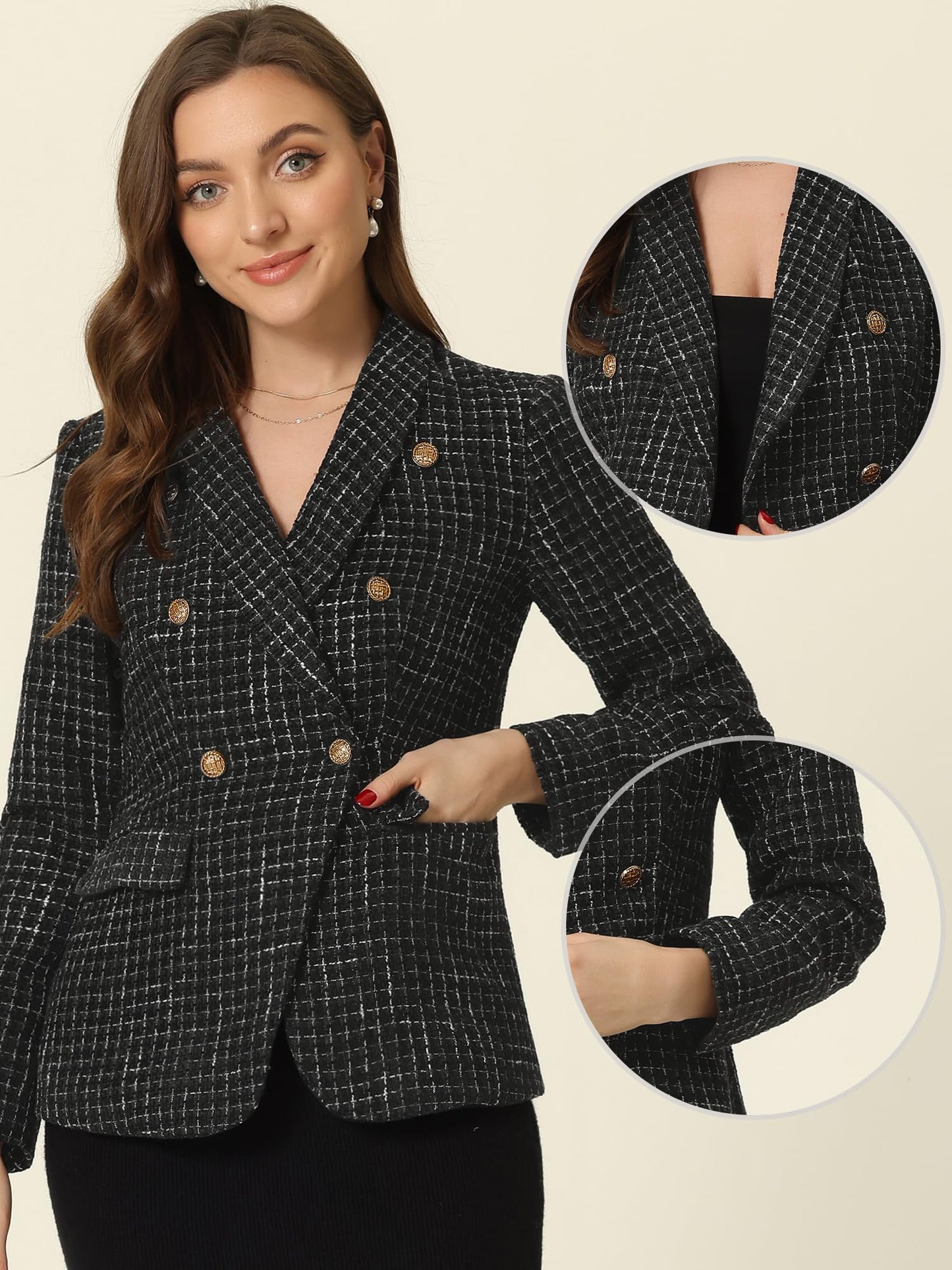 Allegra K Tweed Blazer for Women's Notch Lapels Double Breasted Plaid Jacket Work Office Blazer - Xpressa