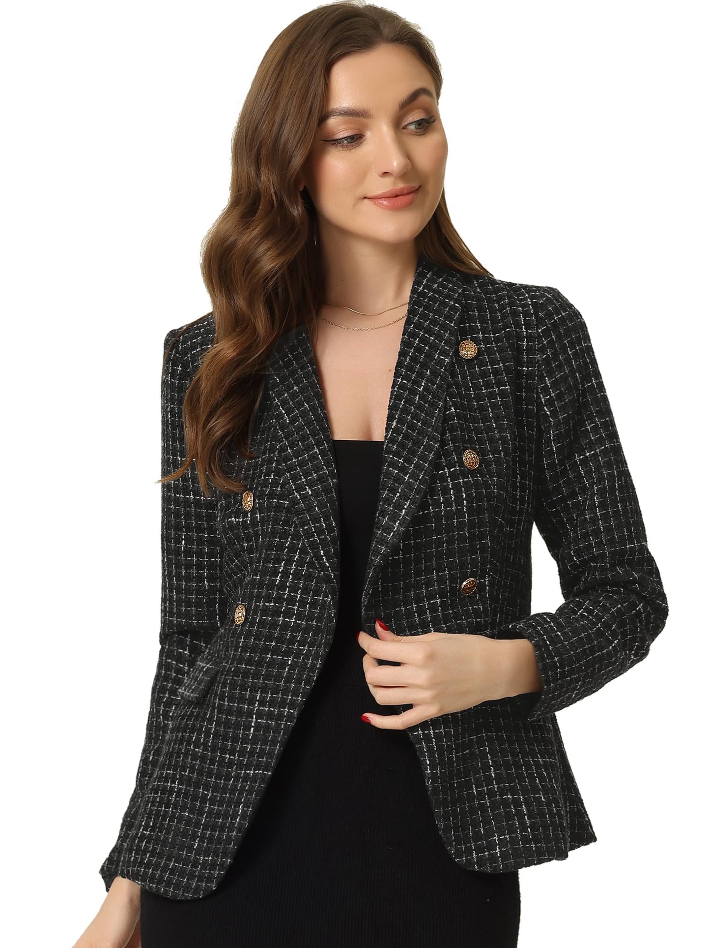 Allegra K Tweed Blazer for Women's Notch Lapels Double Breasted Plaid Jacket Work Office Blazer - Xpressa