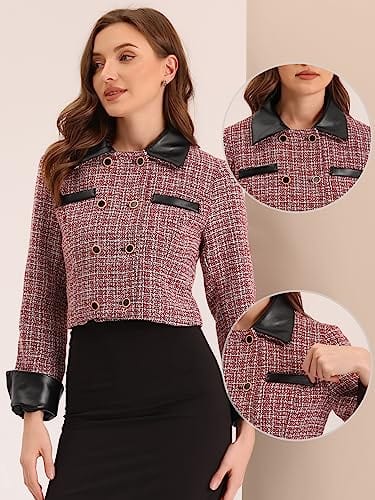 Allegra K Tweed Plaid Blazer for Women's Contrast Collar Double Breasted Vintage Cropped Jackets - Xpressa