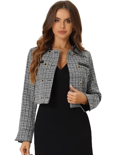 Allegra K Tweed Plaid Blazer for Women's Contrast Collar Double Breasted Vintage Cropped Jackets - Xpressa