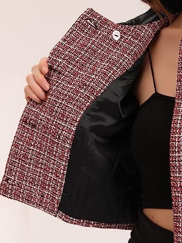 Allegra K Tweed Plaid Blazer for Women's Contrast Collar Double Breasted Vintage Cropped Jackets - Xpressa