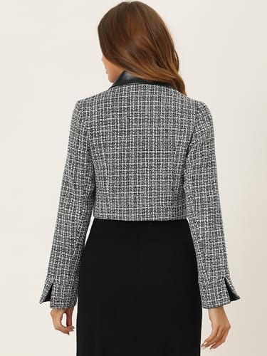 Allegra K Tweed Plaid Blazer for Women's Contrast Collar Double Breasted Vintage Cropped Jackets - Xpressa
