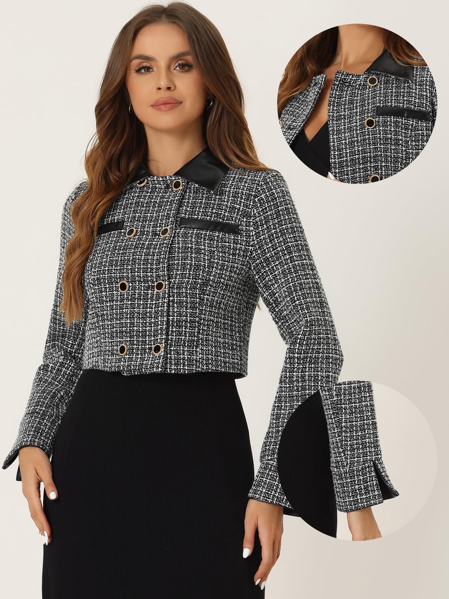 Allegra K Tweed Plaid Blazer for Women's Contrast Collar Double Breasted Vintage Cropped Jackets - Xpressa