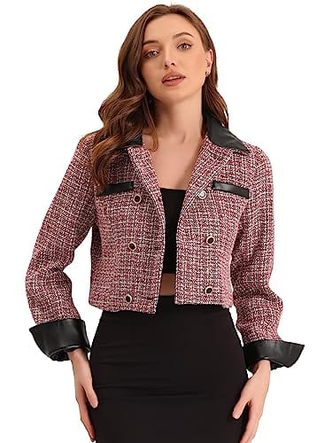 Allegra K Tweed Plaid Blazer for Women's Contrast Collar Double Breasted Vintage Cropped Jackets - Xpressa