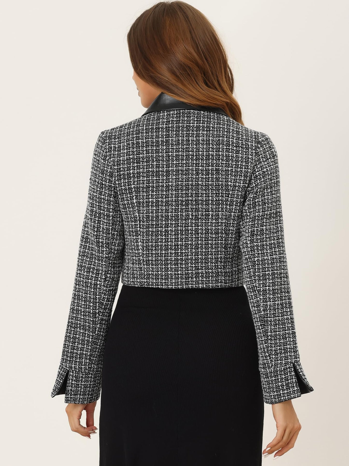 Allegra K Tweed Plaid Blazer for Women's Contrast Collar Double Breasted Vintage Cropped Jackets - Xpressa