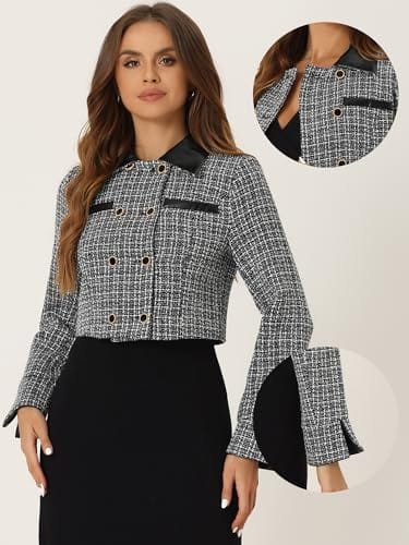 Allegra K Tweed Plaid Blazer for Women's Contrast Collar Double Breasted Vintage Cropped Jackets - Xpressa