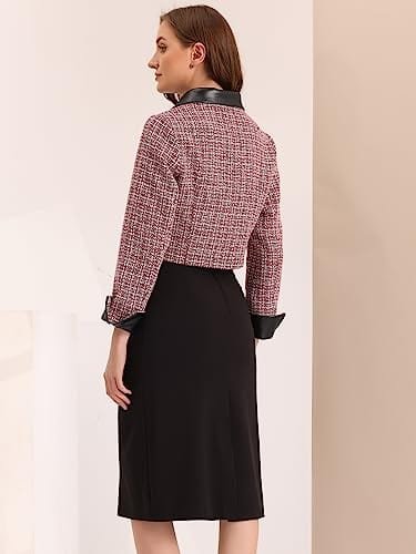 Allegra K Tweed Plaid Blazer for Women's Contrast Collar Double Breasted Vintage Cropped Jackets - Xpressa