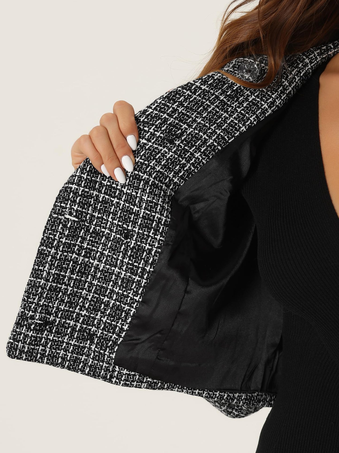 Allegra K Tweed Plaid Blazer for Women's Contrast Collar Double Breasted Vintage Cropped Jackets - Xpressa