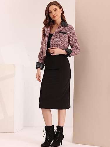 Allegra K Tweed Plaid Blazer for Women's Contrast Collar Double Breasted Vintage Cropped Jackets - Xpressa