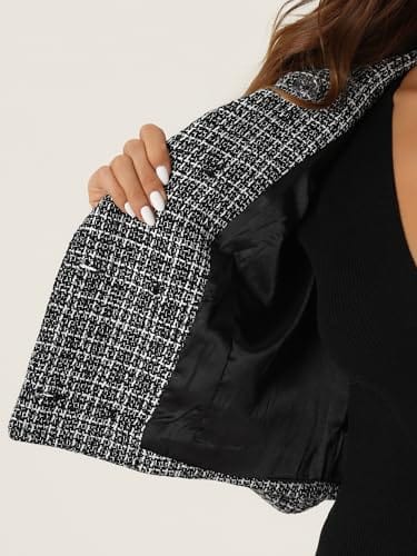Allegra K Tweed Plaid Blazer for Women's Contrast Collar Double Breasted Vintage Cropped Jackets - Xpressa