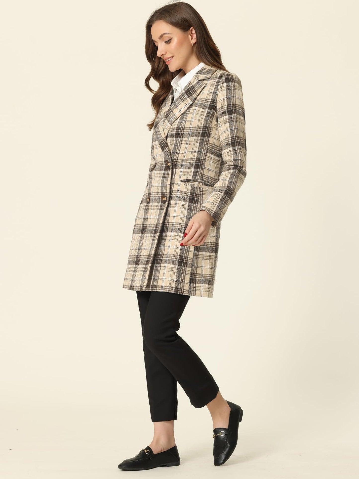 Allegra K Women's Double Breasted Notched Lapel Plaid Trench Blazer Coat - Xpressa
