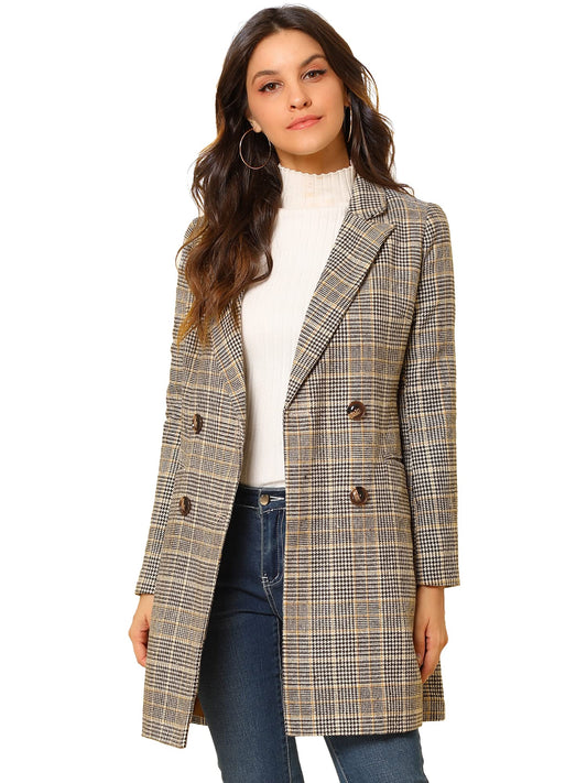 Allegra K Women's Double Breasted Notched Lapel Plaid Trench Blazer Coat - Xpressa