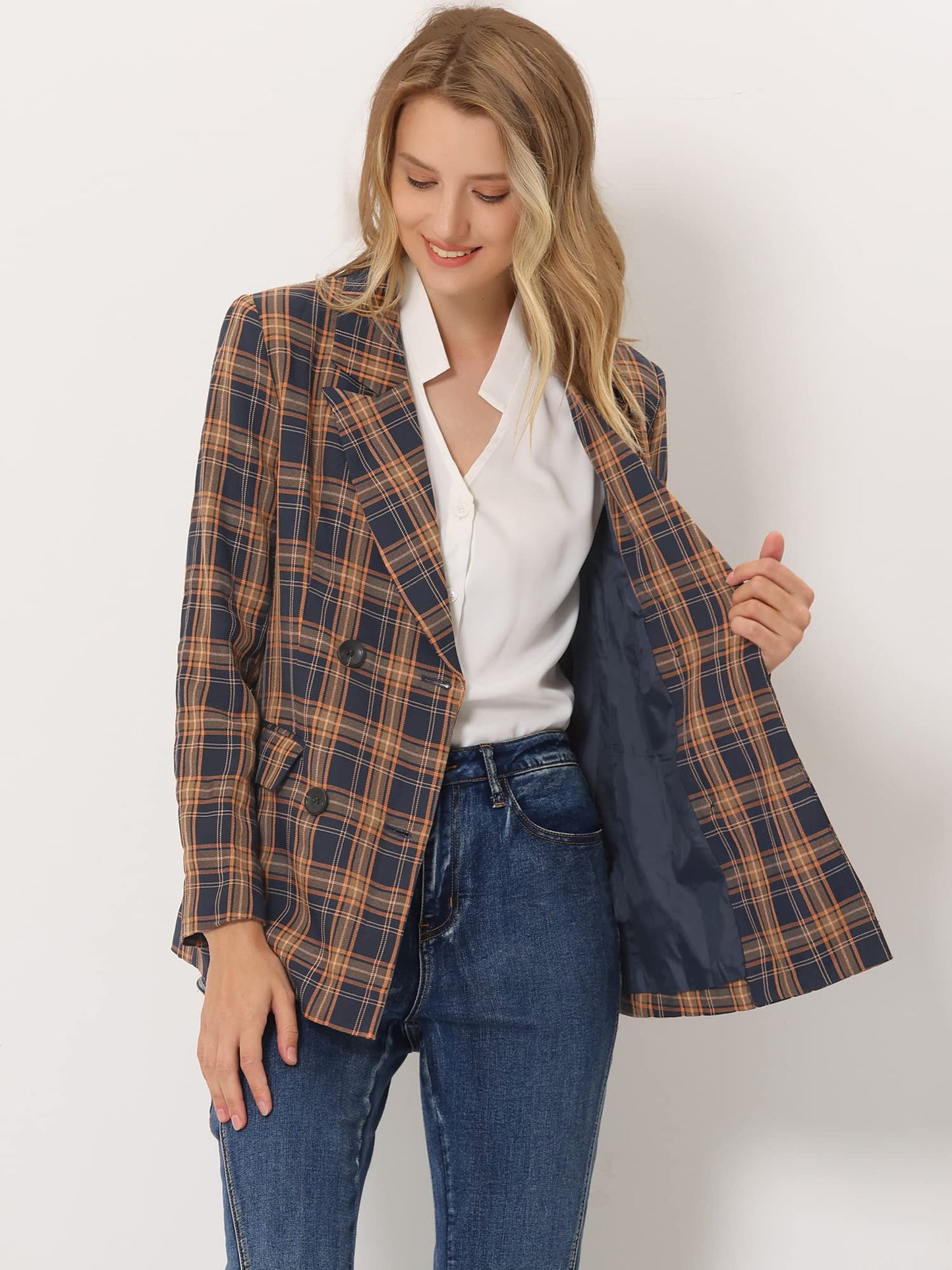 Allegra K Women's Notched Lapel Double Breasted Work Formal Blazer Jacket - Xpressa