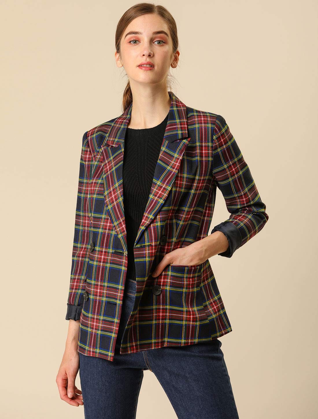 Allegra K Women's Notched Lapel Double Breasted Work Formal Blazer Jacket - Xpressa