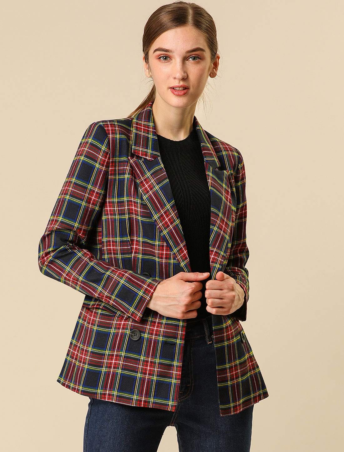 Allegra K Women's Notched Lapel Double Breasted Work Formal Blazer Jacket - Xpressa