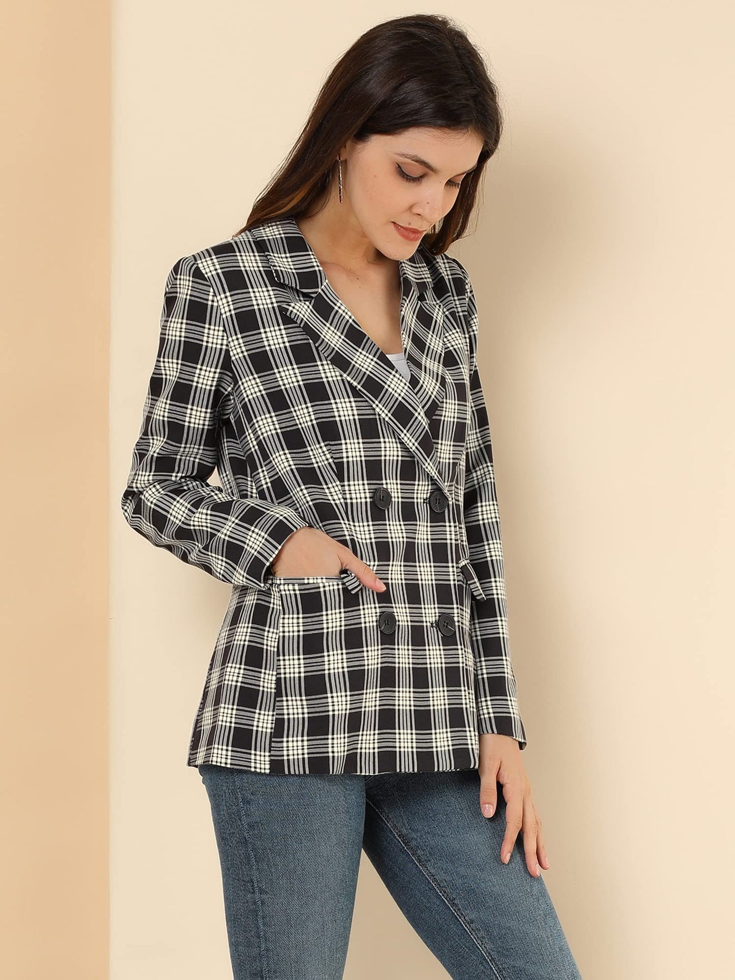 Allegra K Women's Notched Lapel Double Breasted Work Formal Blazer Jacket - Xpressa
