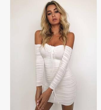 Bandage Dress Women Sexy Off Shoulder Long Sleeve Slim Elastic Bodycon Party Dresses Gowns - Xpressa