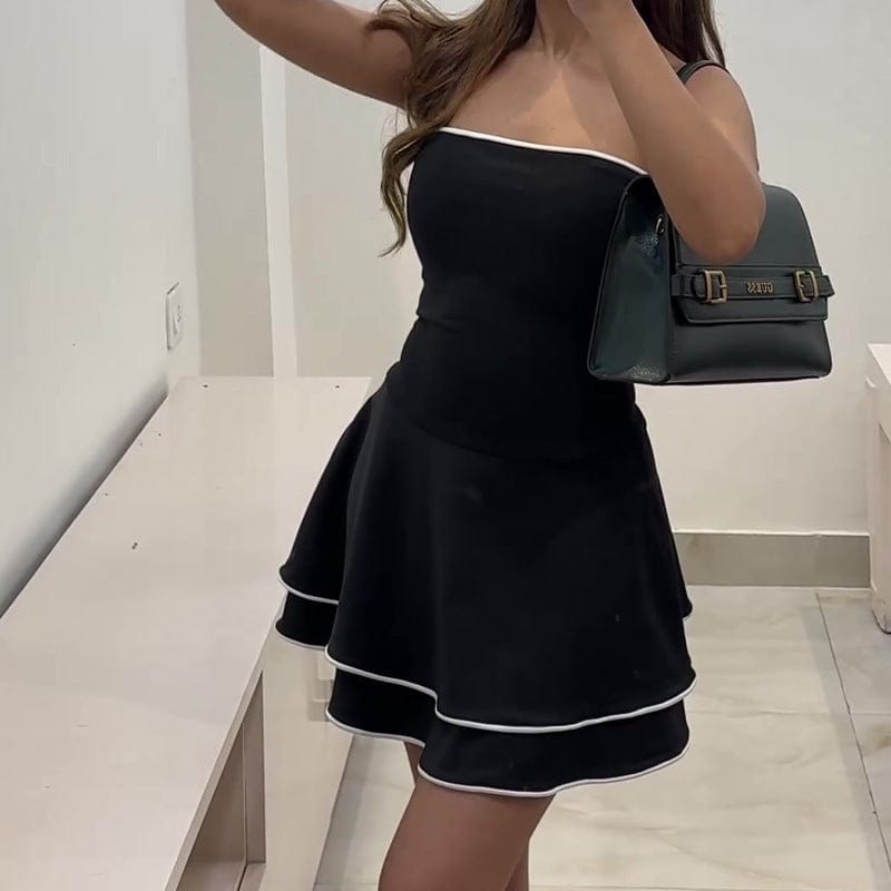 Black Sleeveless Dress Summer Spring Fashion Tube Ruffle Skirt With White Edge Mini Dress - Xpressa