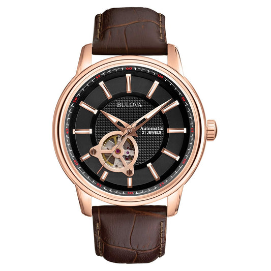 Bulova Men's Classic 3 - Hand Automatic Leather Strap Watch, 21 - Jewels, Hack Feature, Luminous Hands and Markers,Open Aperture and Exhibition Case Back - Xpressa