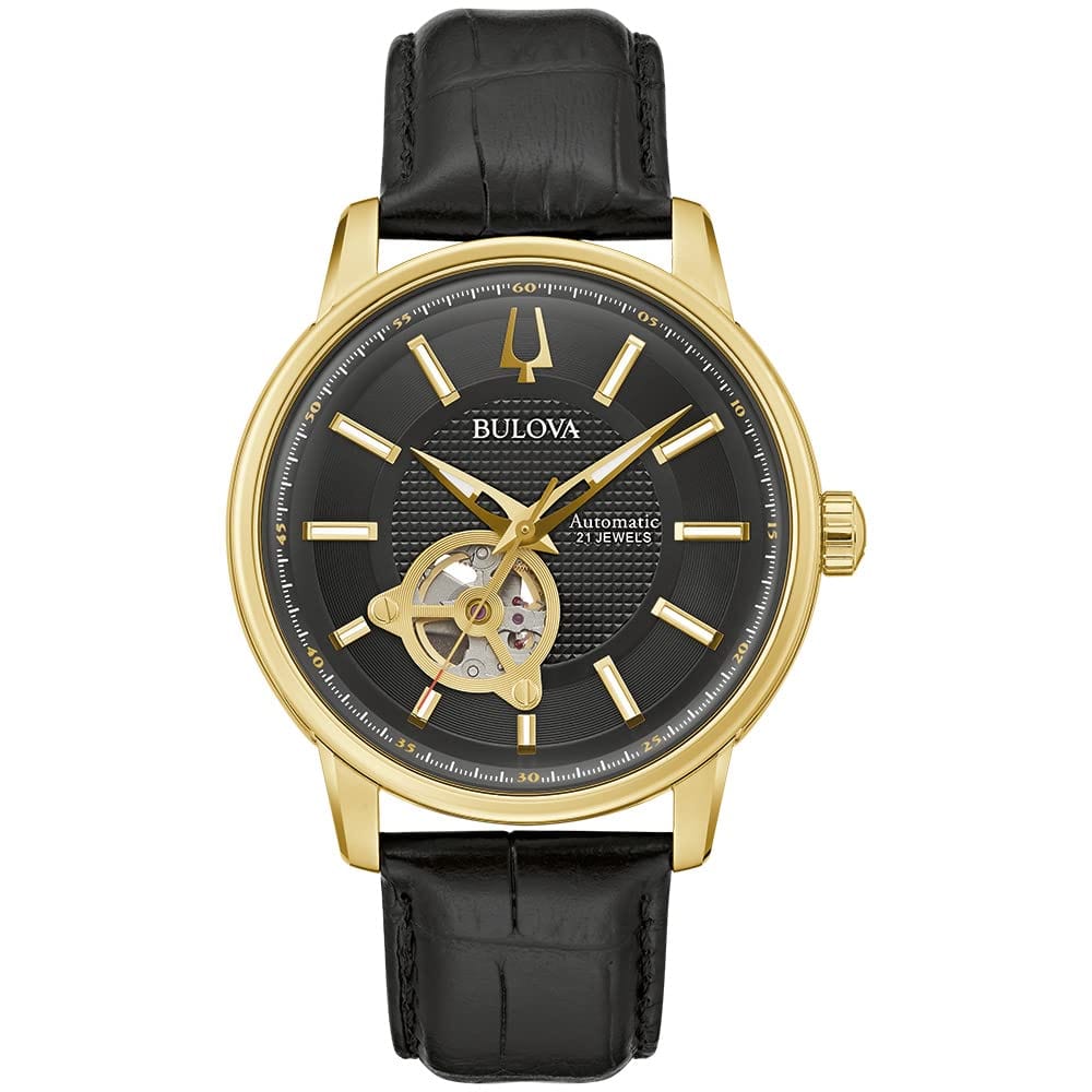 Bulova Men's Classic 3 - Hand Automatic Leather Strap Watch, 21 - Jewels, Hack Feature, Luminous Hands and Markers,Open Aperture and Exhibition Case Back - Xpressa