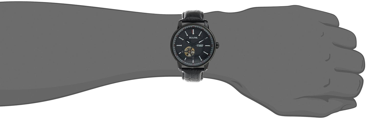 Bulova Men's Classic 3 - Hand Automatic Leather Strap Watch, 21 - Jewels, Hack Feature, Luminous Hands and Markers,Open Aperture and Exhibition Case Back - Xpressa