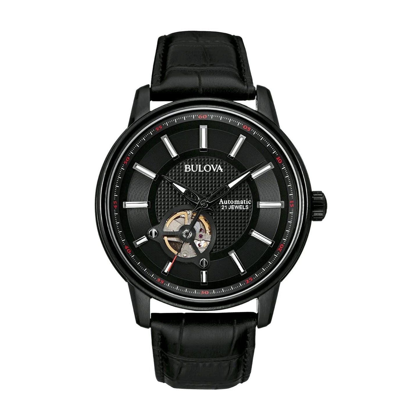 Bulova Men's Classic 3 - Hand Automatic Leather Strap Watch, 21 - Jewels, Hack Feature, Luminous Hands and Markers,Open Aperture and Exhibition Case Back - Xpressa