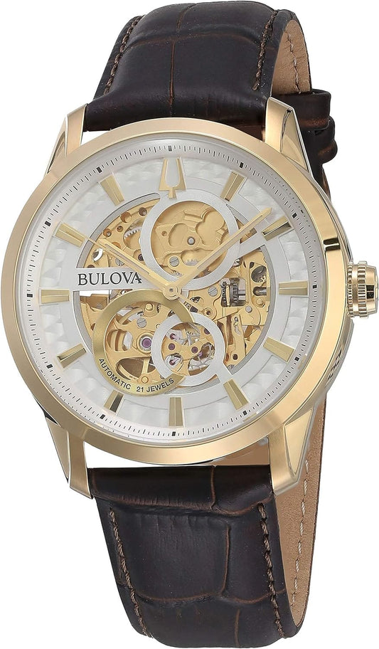 Bulova Men's Classic Sutton Automatic Skeleton Dial Brown Leather Strap Watch | 43mm | 97A138 - Xpressa
