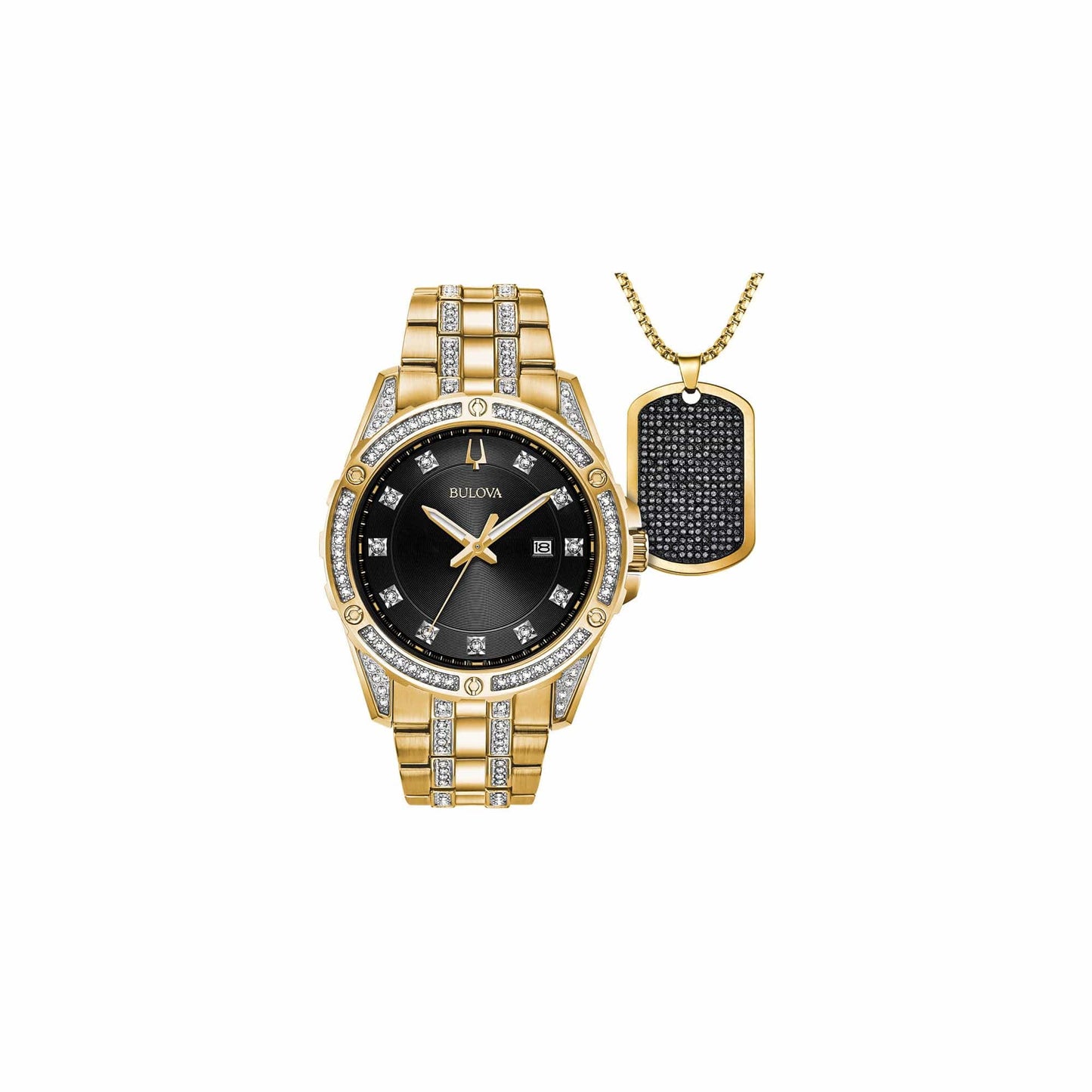 Bulova Men's Crystal Accented Gift Set with 3 - Hand Date Quartz Watch and Dog Tag Box Chain Necklace - Xpressa
