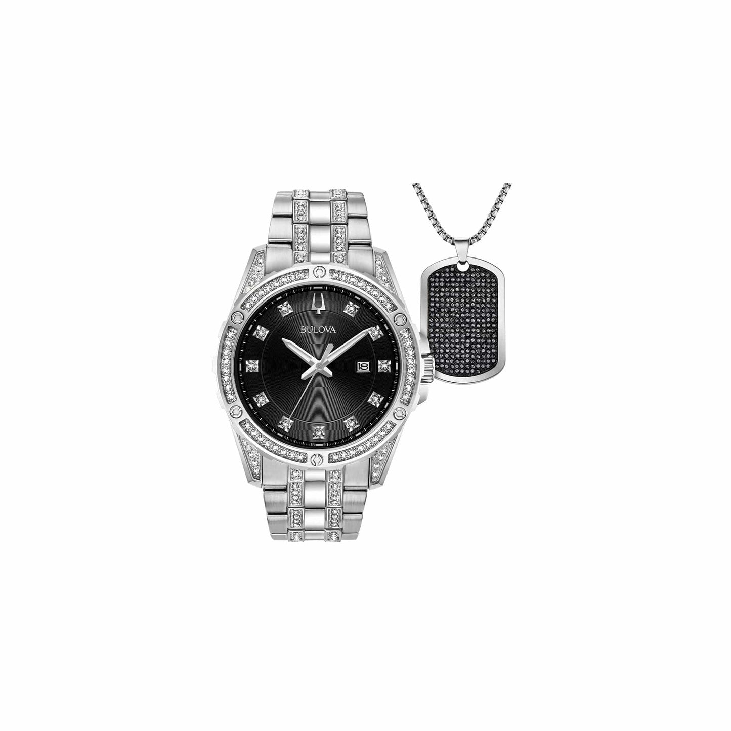 Bulova Men's Crystal Accented Gift Set with 3 - Hand Date Quartz Watch and Dog Tag Box Chain Necklace - Xpressa