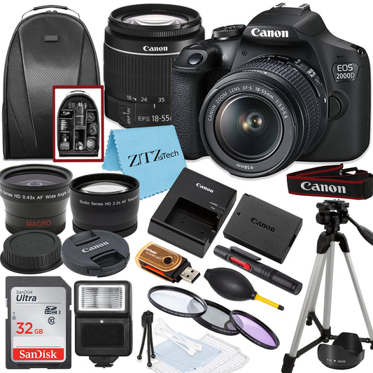 Canon EOS 2000D / Rebel T7 DSLR Camera with EF - S 18 - 55mm Lens + SanDisk 32GB Card Tripod Case Wideangle Lenses ZeeTech Accessory Bundle (20pc Bundle) (18 - 55MM, Card) (Renewed) Black - Xpressa