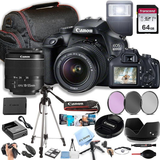 Canon EOS 4000D / Rebel T100 DSLR Camera w/EF - S 18 - 55mm F/3.5 - 5.6 Zoom Lens + 64GB Memory, Filters,Case, Tripod, Flash, and More (34pc Bundle) (Renewed) - Xpressa