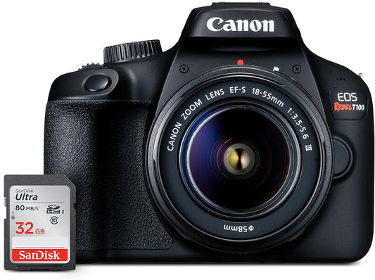 Canon EOS Rebel T100 DSLR Camera with EF - S 18 - 55mm f/3.5 - 5.6 III Lens, 18MP APS - C CMOS Sensor, Built - in Wi - Fi, Optical Viewfinder, Impressive Images & Full HD Videos, Includes 32GB SD Card - Xpressa