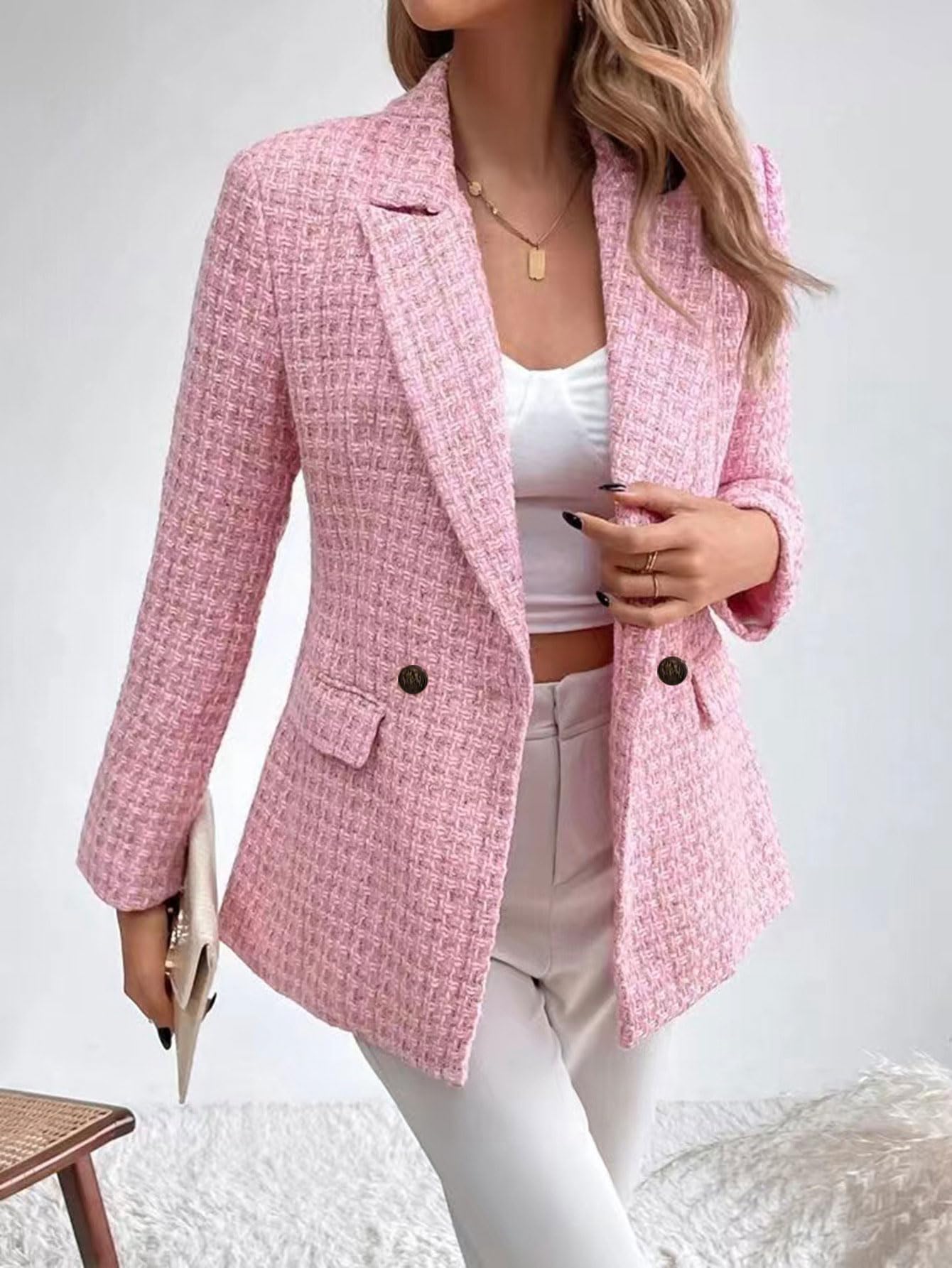chouyatou Women's Double Breasted Tweed Blazer Jacket Business Casual Dressy Blazer Office Work Suits - Xpressa