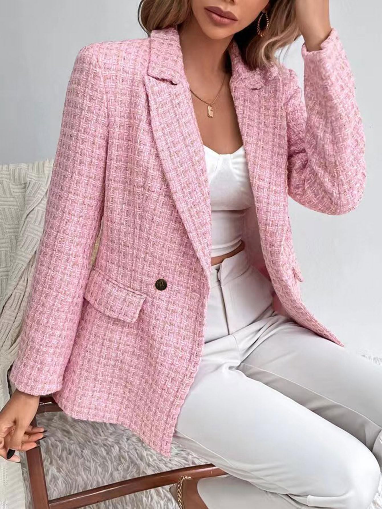 chouyatou Women's Double Breasted Tweed Blazer Jacket Business Casual Dressy Blazer Office Work Suits - Xpressa