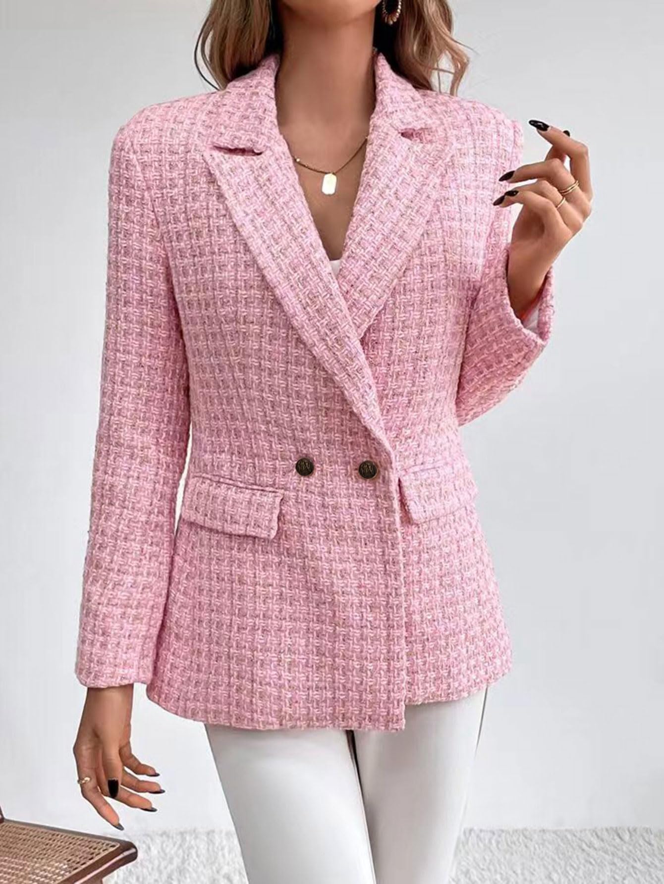 chouyatou Women's Double Breasted Tweed Blazer Jacket Business Casual Dressy Blazer Office Work Suits - Xpressa