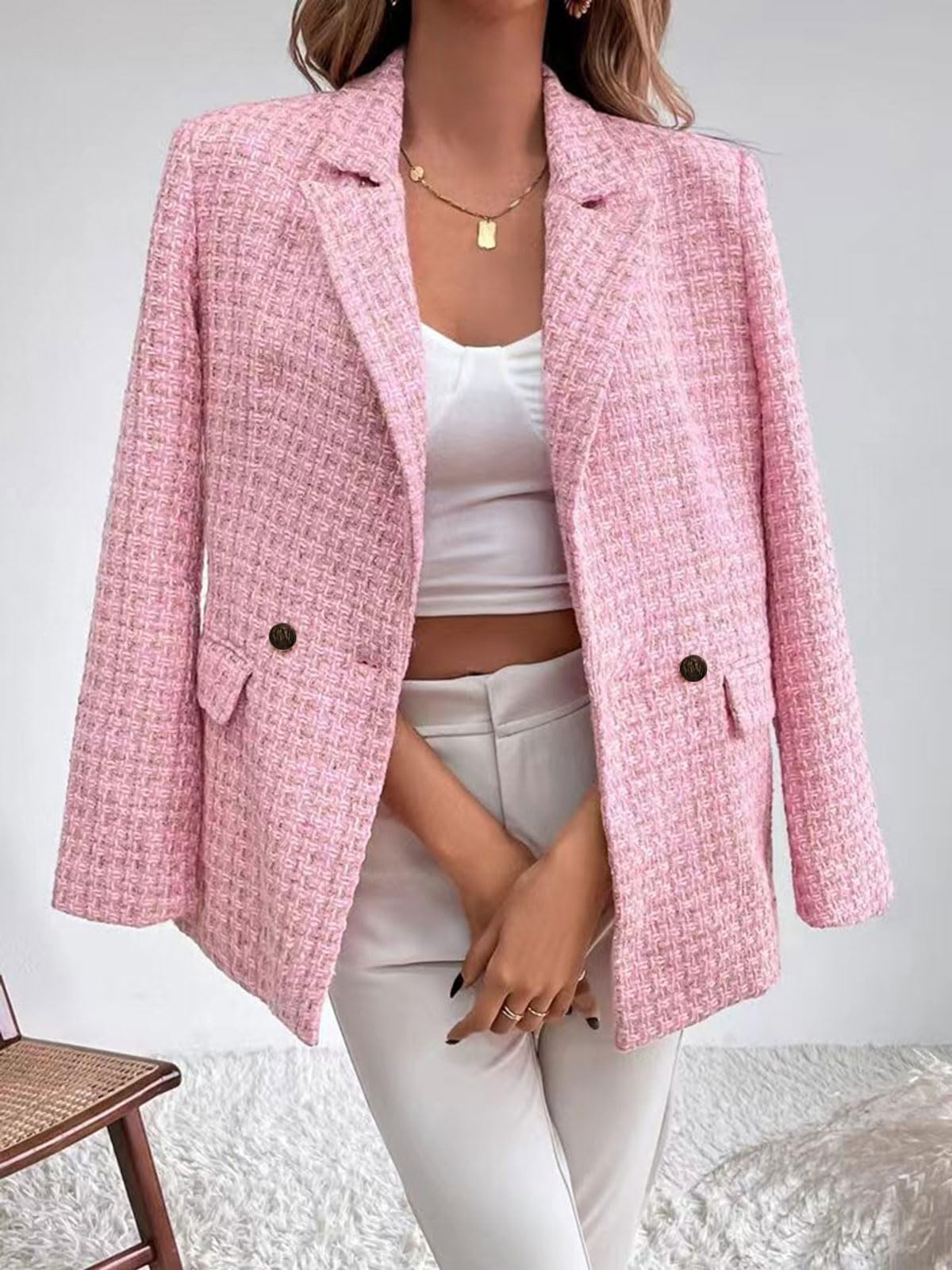 chouyatou Women's Double Breasted Tweed Blazer Jacket Business Casual Dressy Blazer Office Work Suits - Xpressa