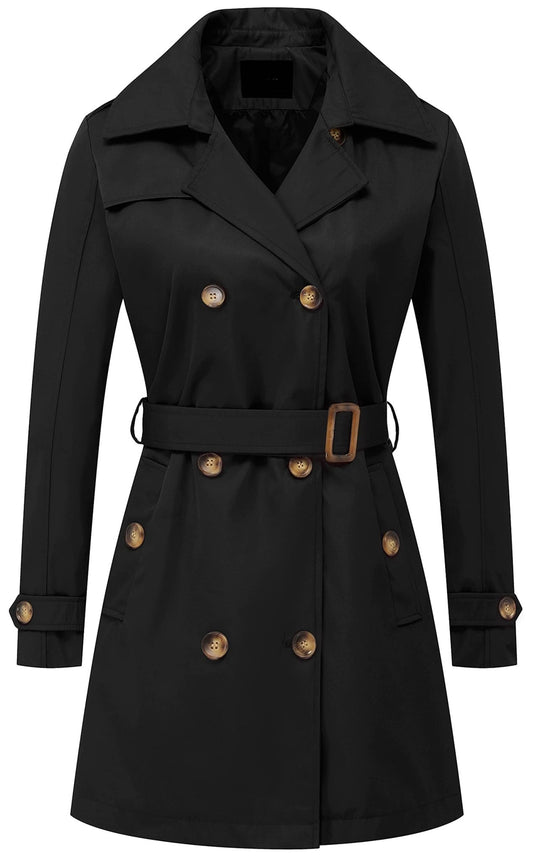 Chrisuno Women's Double Breasted Trench Coats Mid - Length Belted Overcoat Long Dress Jacket with Detachable Hood - Xpressa