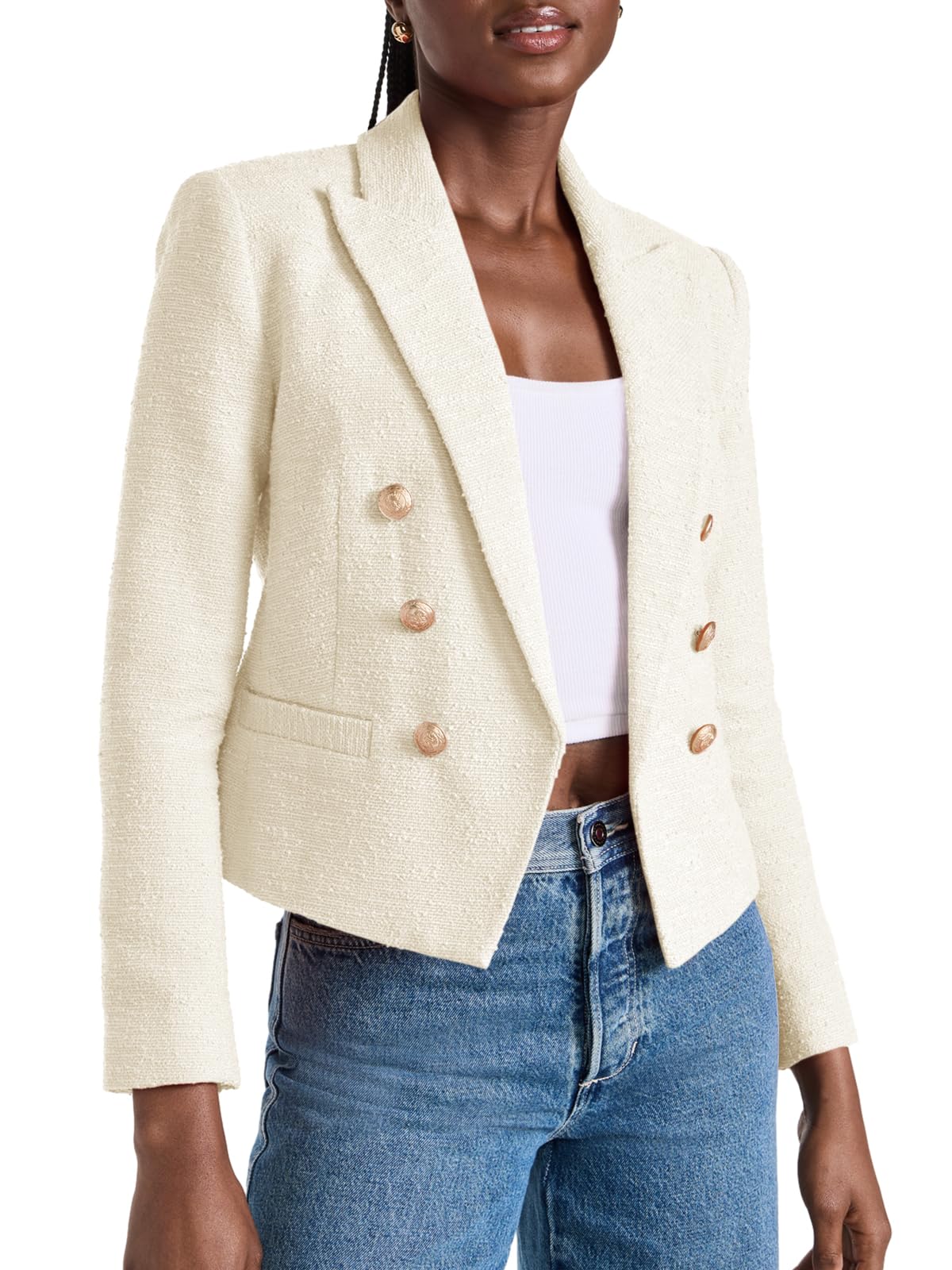 Cicy Bell Women Double Breasted Cropped Blazer Jackets Lapel Open Front Long Sleeve Business Suit Jackets with Pocket - Xpressa
