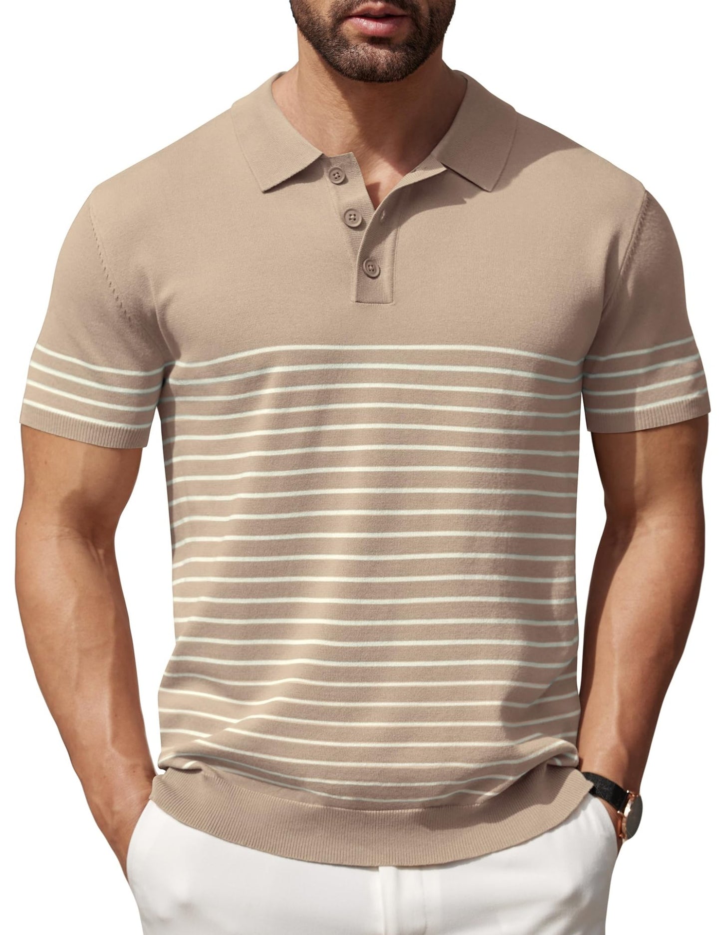 COOFANDY Men's Knit Polo Shirts Short Sleeve Striped Polo Shirt Fashion Casual Golf Shirts - Xpressa