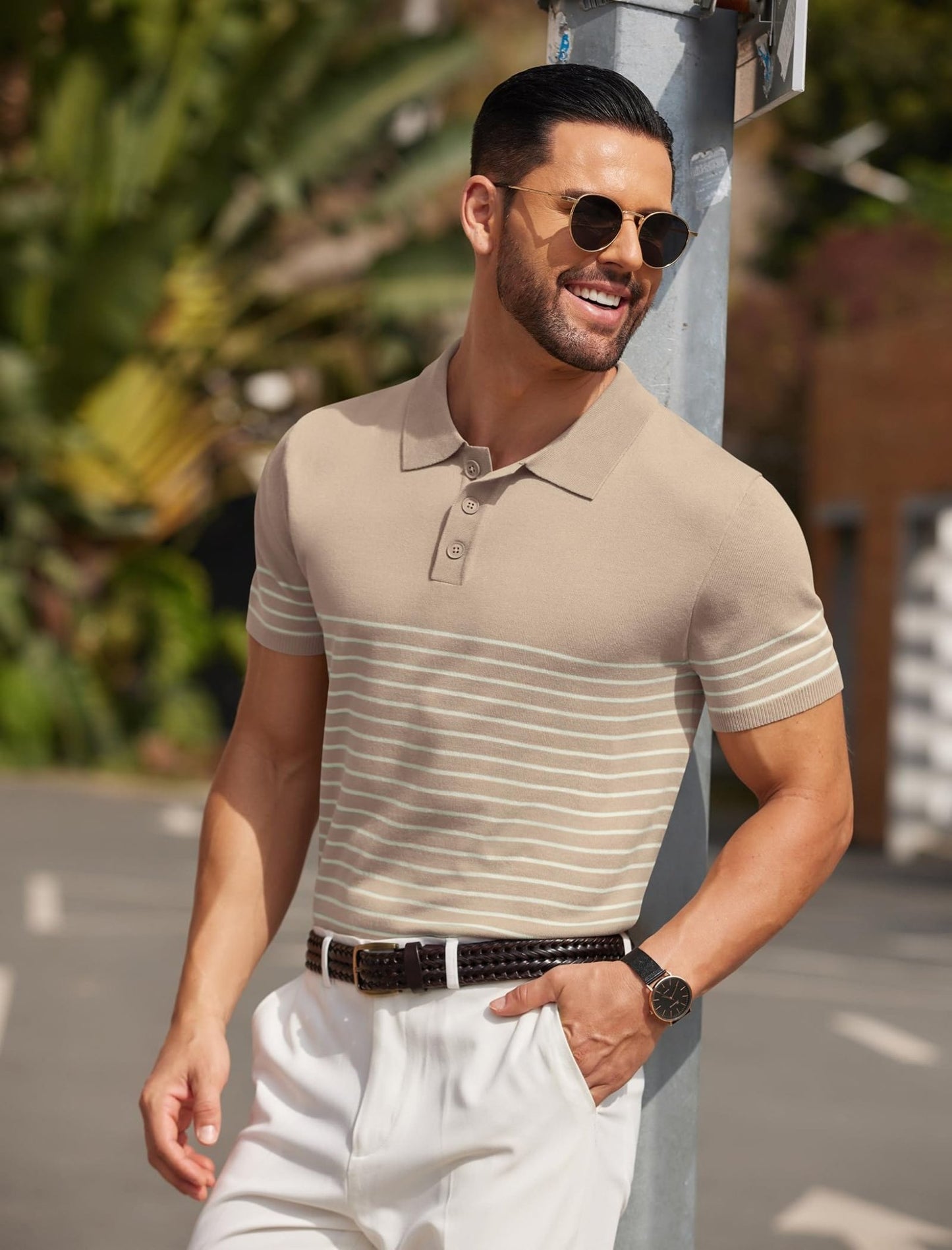 COOFANDY Men's Knit Polo Shirts Short Sleeve Striped Polo Shirt Fashion Casual Golf Shirts - Xpressa