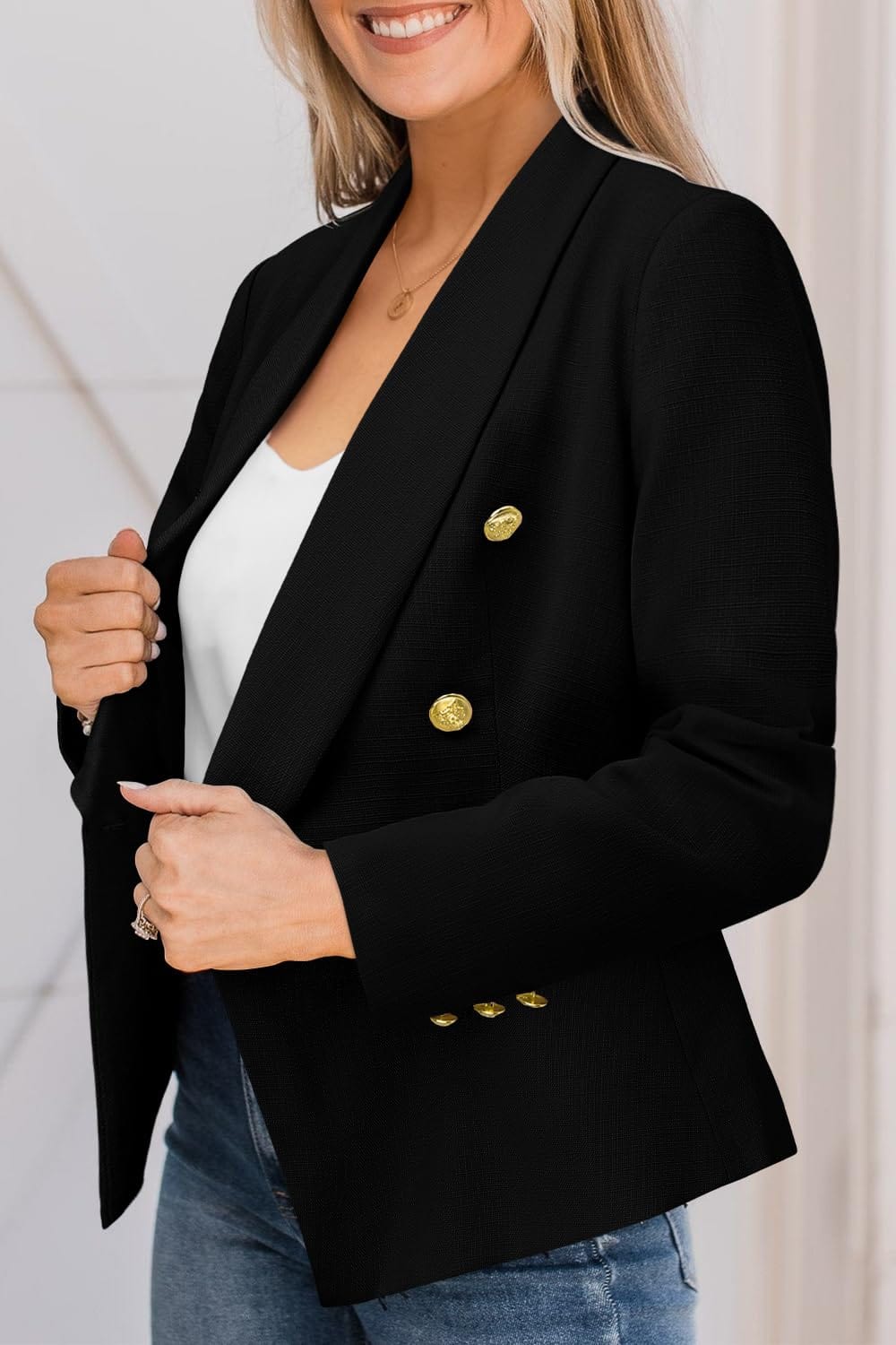CRAZY GRID Womens Casual Blazer Jacket Gold Button Long Sleeve Work 0ffice Blazer Lapel Open Front Jacket - Xpressa