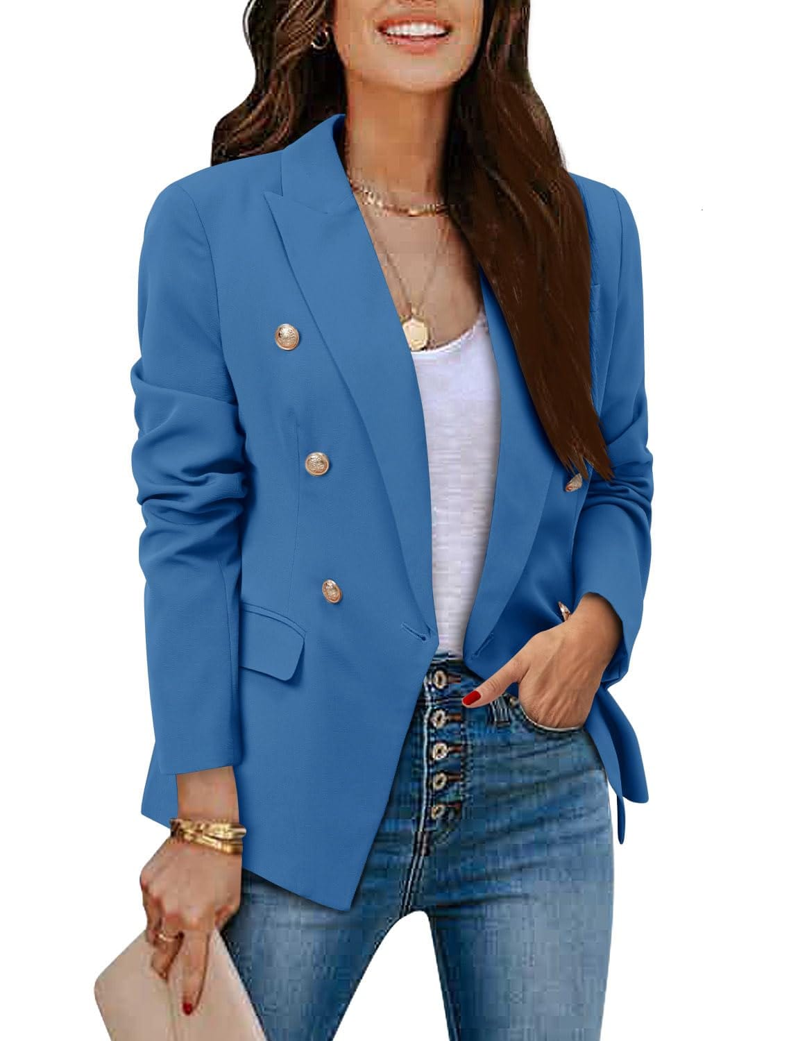 CRAZY GRID Womens Casual Blazer Jacket Gold Button Long Sleeve Work 0ffice Blazer Lapel Open Front Jacket - Xpressa